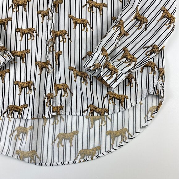 Jane & Delancey Striped Cheetah Blouse Button Up Roll Tab Sleeve Novelty Sz XL - Picture 3 of 10